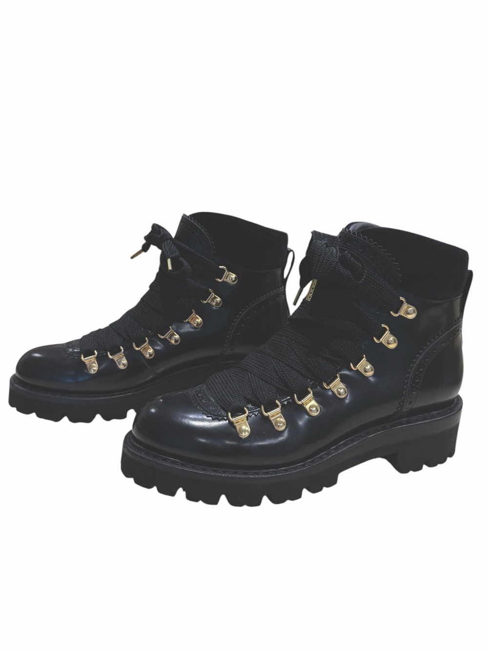 Office of Angela Scott Black Leather Brogue Hiker Boots GoldHardware Lug Sole 37
